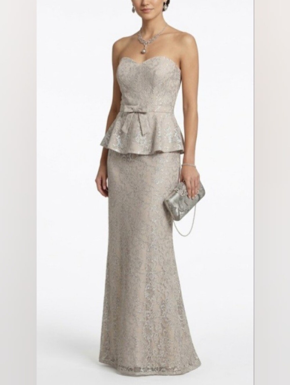 Badgley Mischka Collection Strapless Metallic Lace Peplum Gown - Size 6